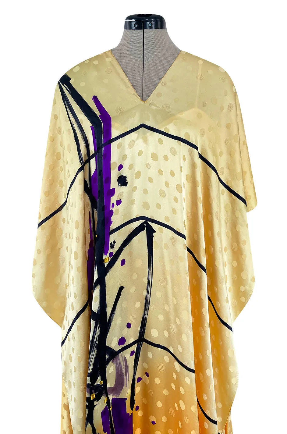 Extraordinary 1970s Holly's Harp Hand Painted Silk Multi-Wear Dress w Metallic Accents & Applique