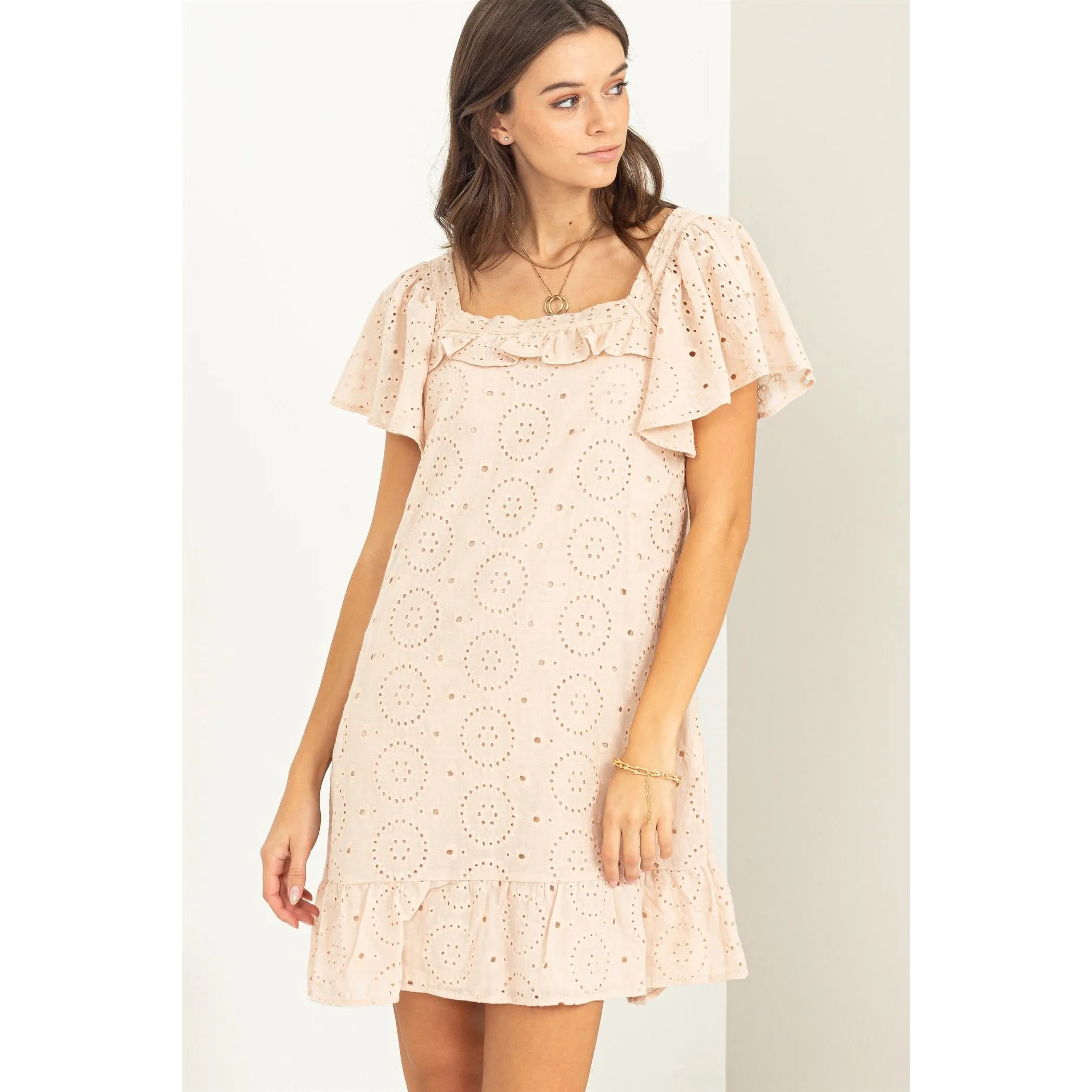 EYELET DRESS - TAUPE
