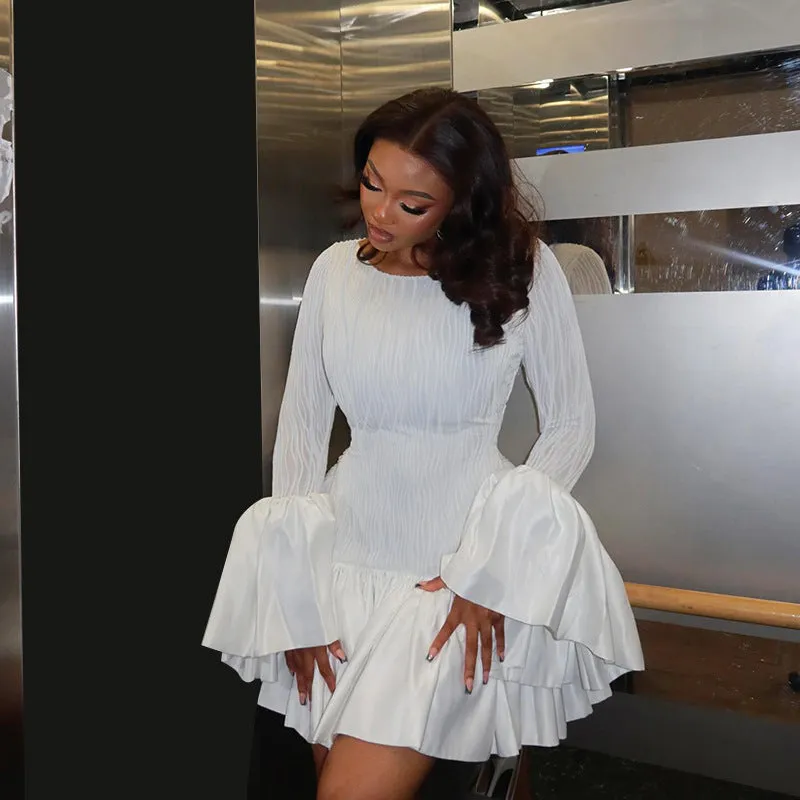 Fashionkova avant garde dress to impress Autumn 2024 New Socialite Style Elegant Slim Texture Long Sleeve Ruffled Mini Dress Women