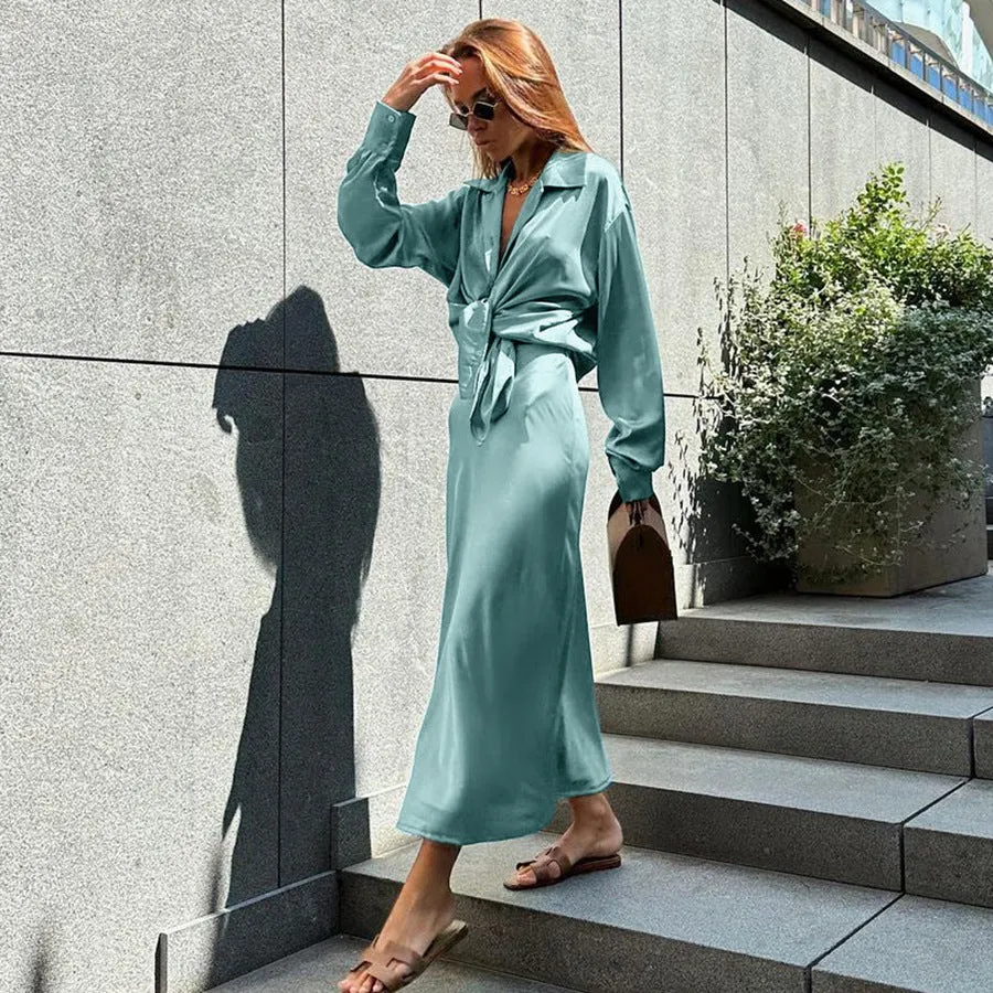 Fashionkova avant garde dress to impress Autumn and Winter New French Satin Dress Women's Long-Sleeved V-neck Elegant Fishtail Skirt Two-Piece Set Suit