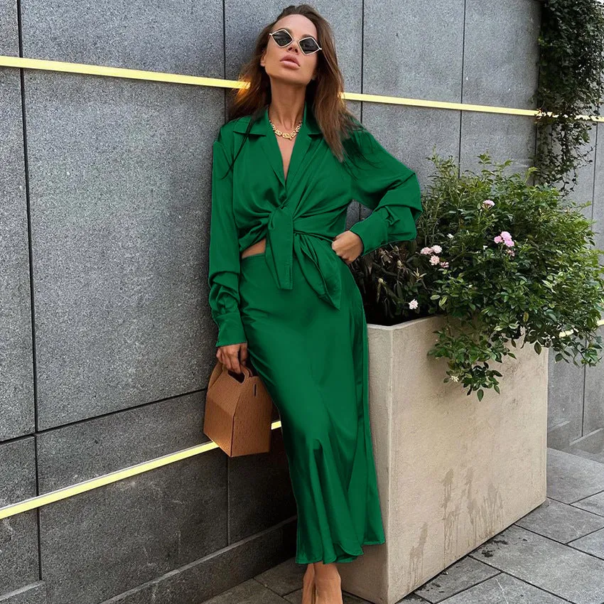 Fashionkova avant garde dress to impress Autumn and Winter New French Satin Dress Women's Long-Sleeved V-neck Elegant Fishtail Skirt Two-Piece Set Suit