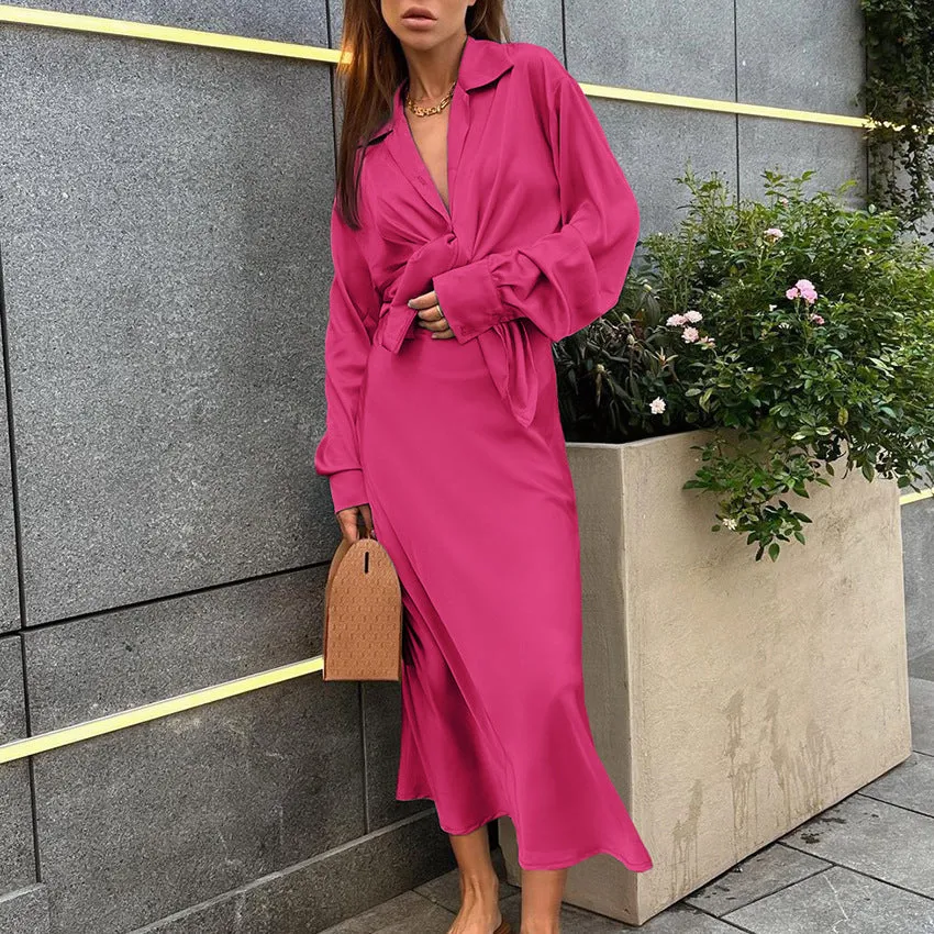 Fashionkova avant garde dress to impress Autumn and Winter New French Satin Dress Women's Long-Sleeved V-neck Elegant Fishtail Skirt Two-Piece Set Suit