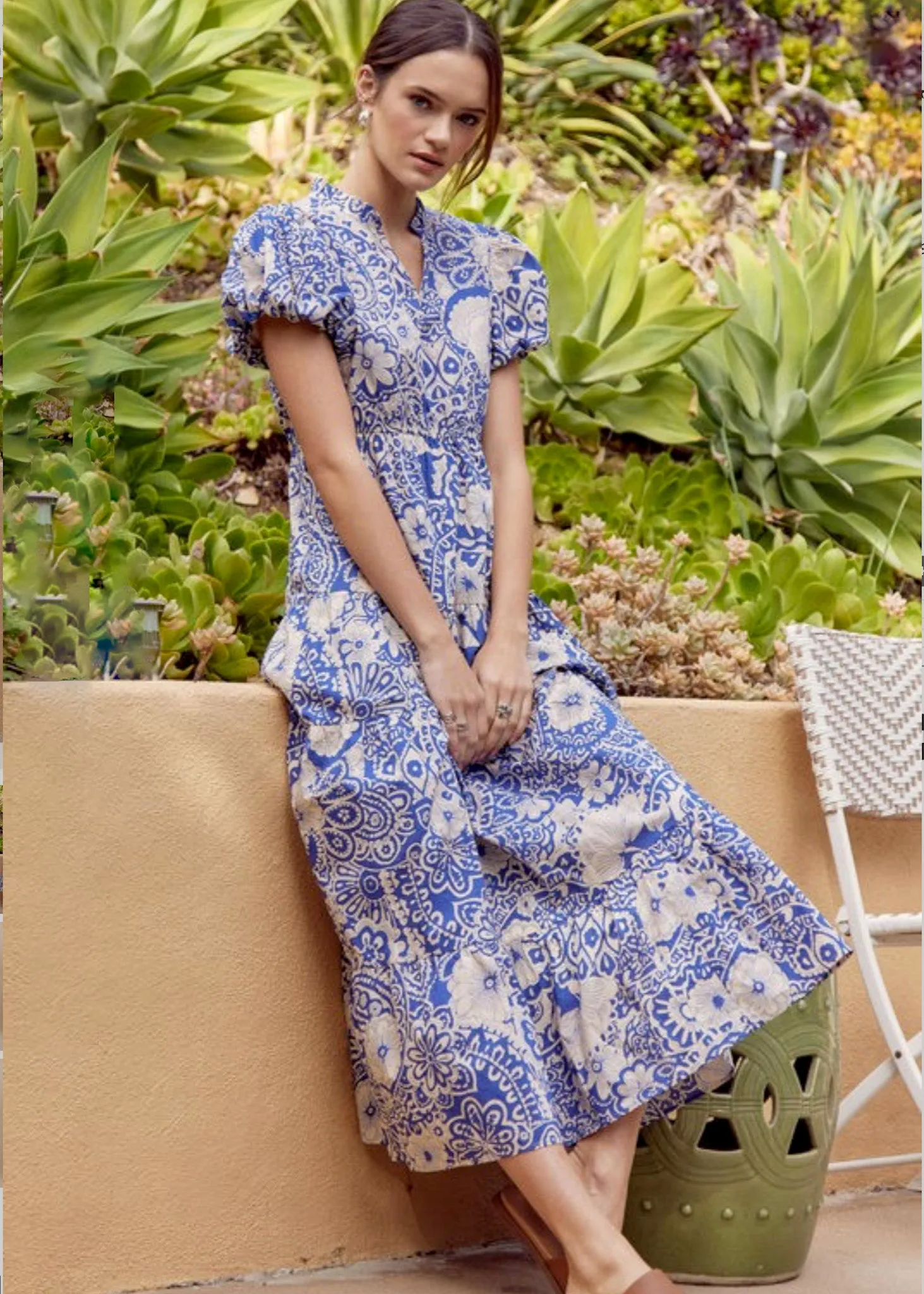 Faye, Womens Puff Sleeve, V-neck, Tiered Mixed Print Midi Dress, Blue/Beige