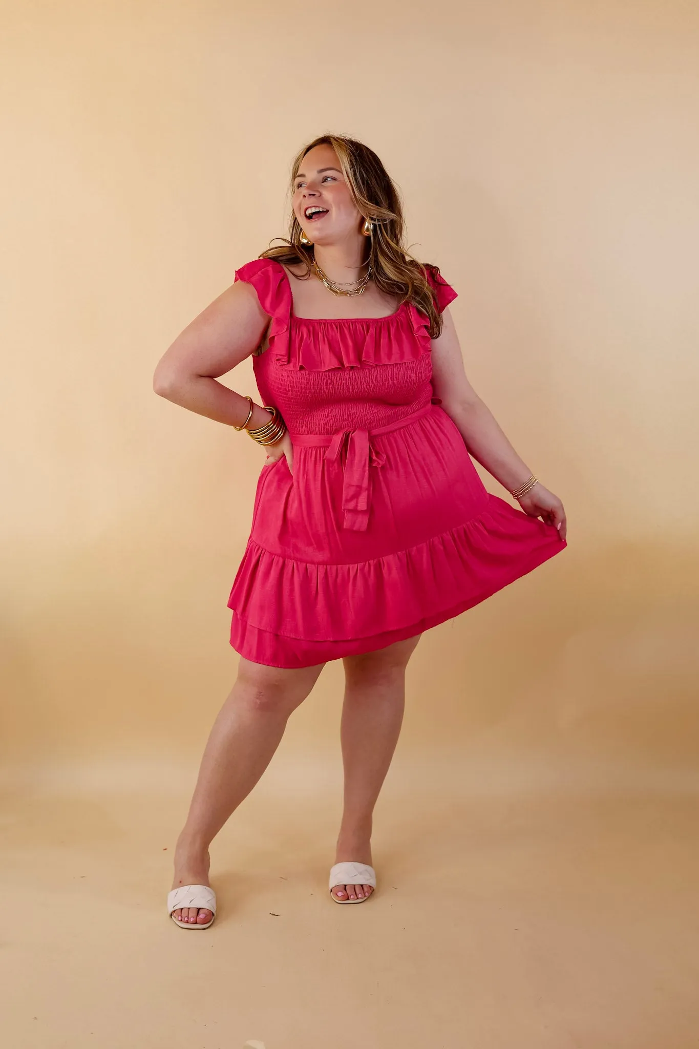 Feeling Refined Ruffle Tiered Dress with Smocked Bodice in Hot Pink