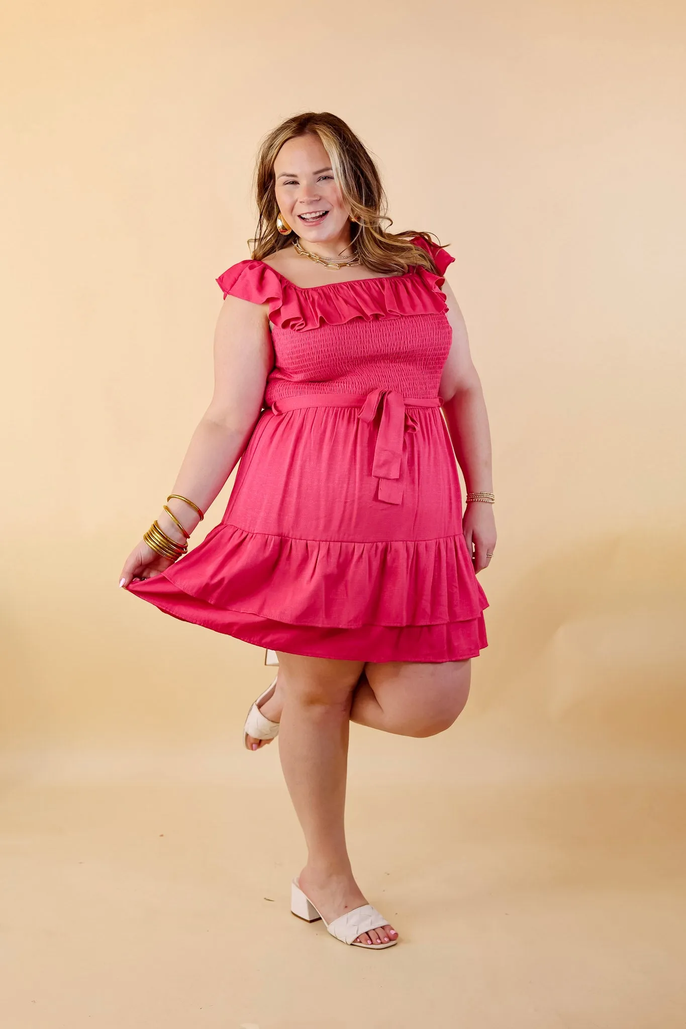 Feeling Refined Ruffle Tiered Dress with Smocked Bodice in Hot Pink