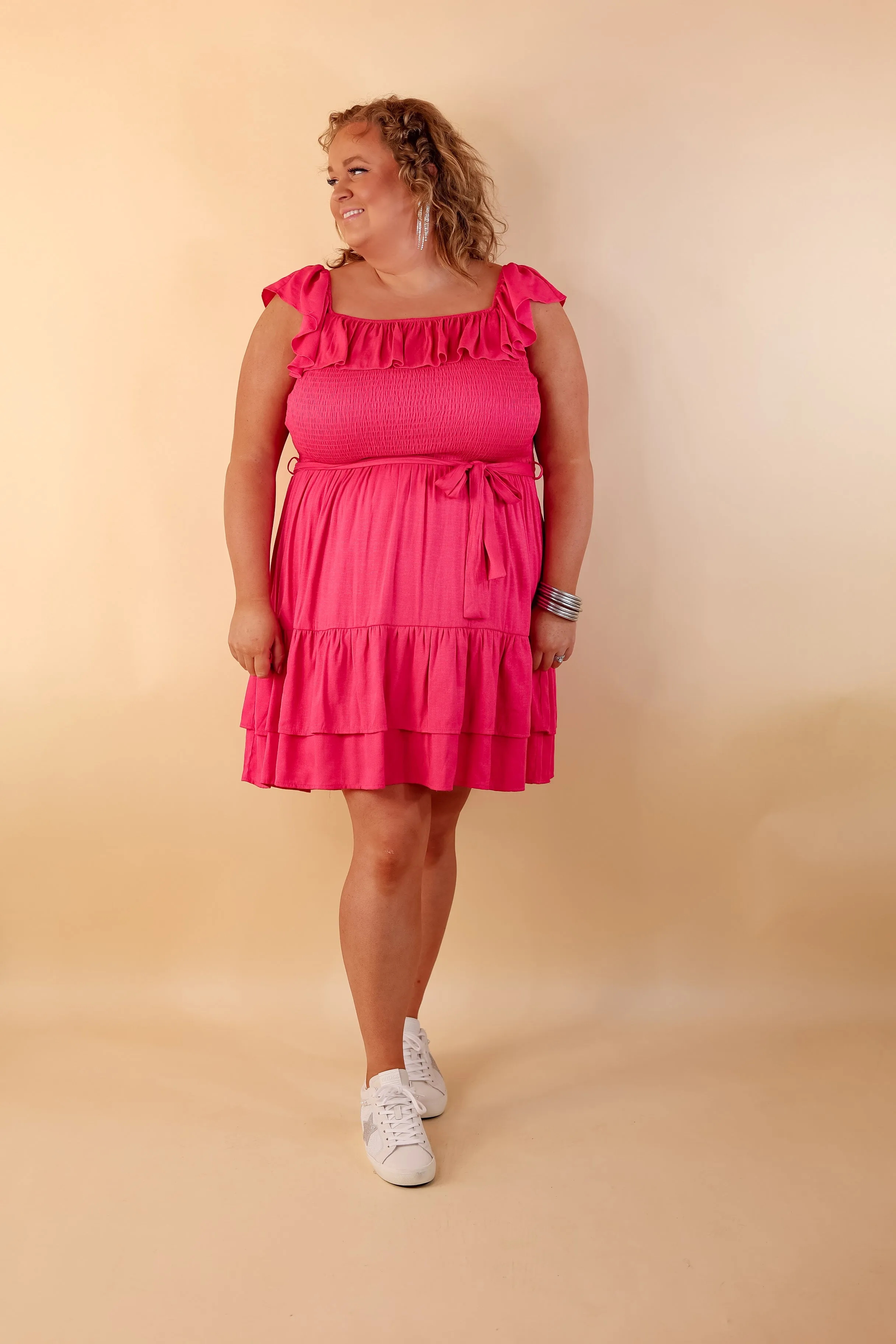 Feeling Refined Ruffle Tiered Dress with Smocked Bodice in Hot Pink
