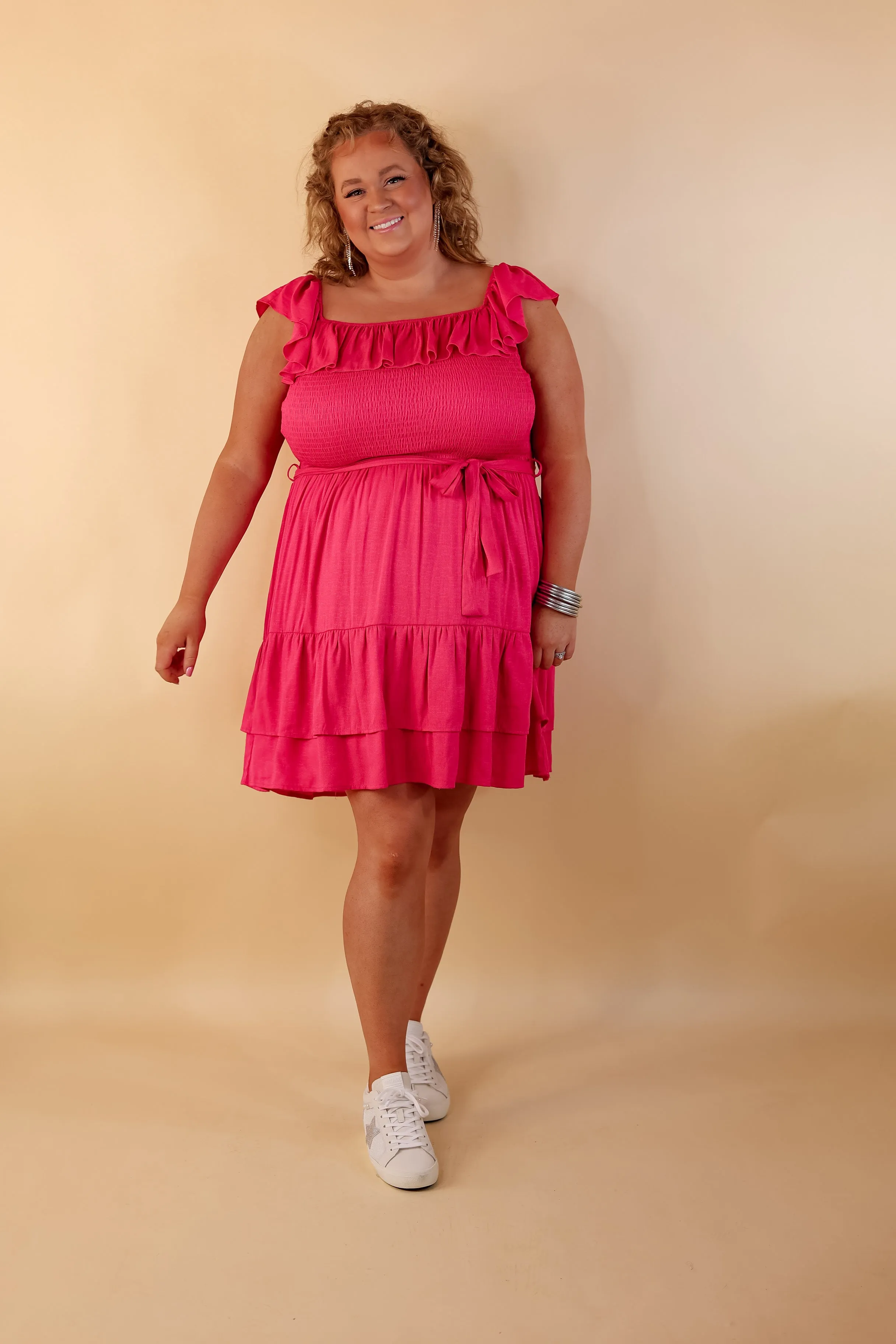 Feeling Refined Ruffle Tiered Dress with Smocked Bodice in Hot Pink