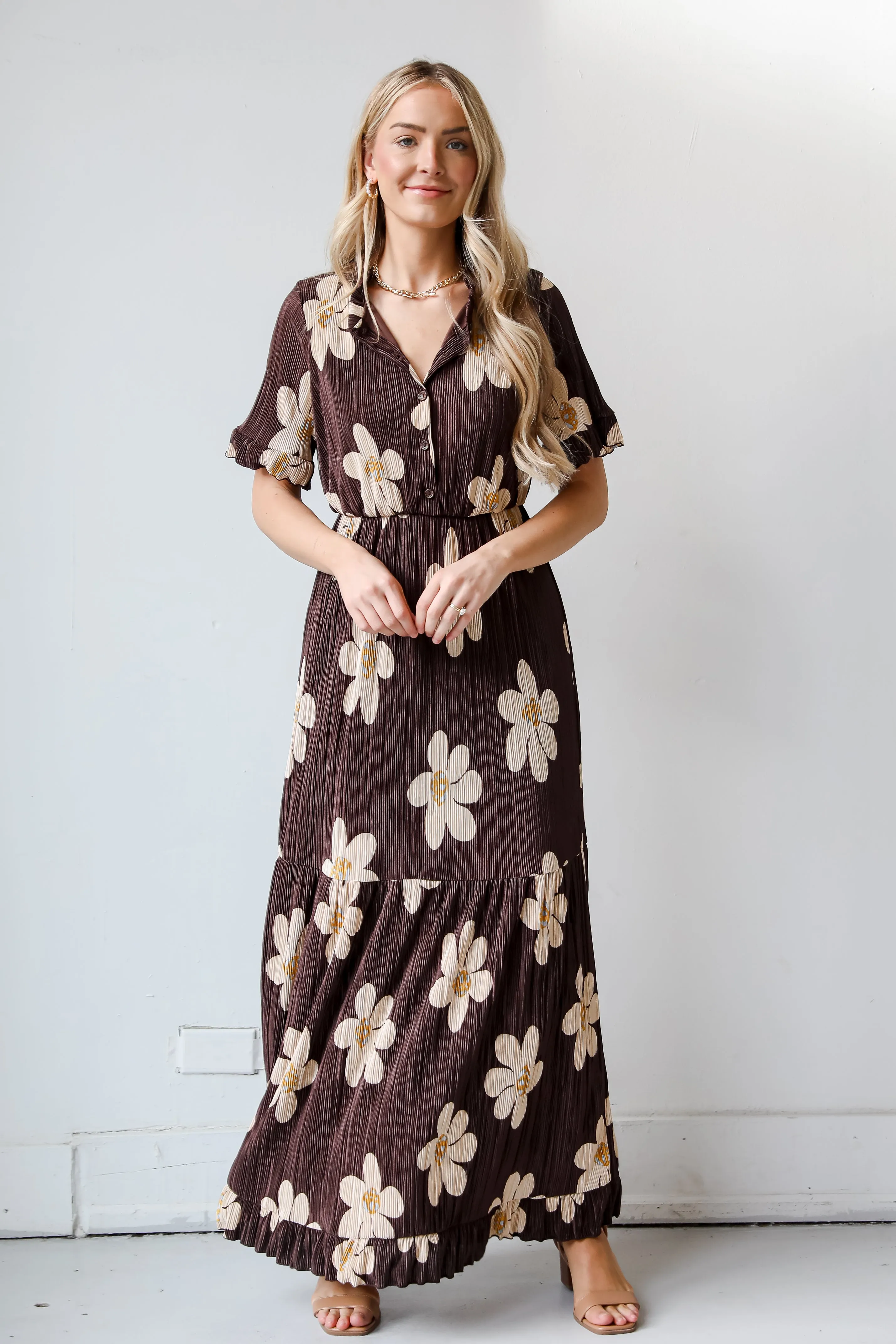 FINAL SALE - Exceptional Sweetness Brown Plisse Floral Maxi Dress