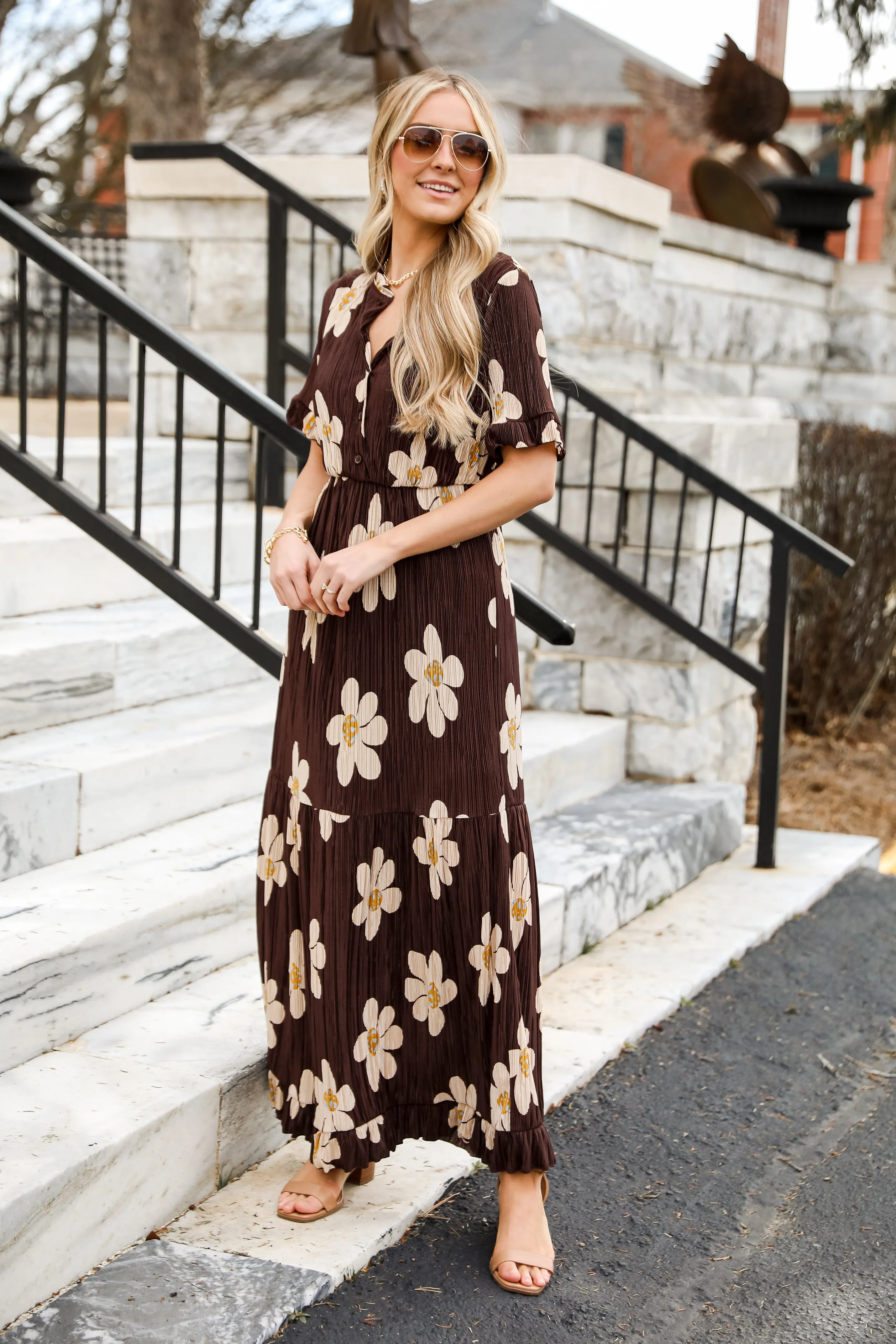FINAL SALE - Exceptional Sweetness Brown Plisse Floral Maxi Dress
