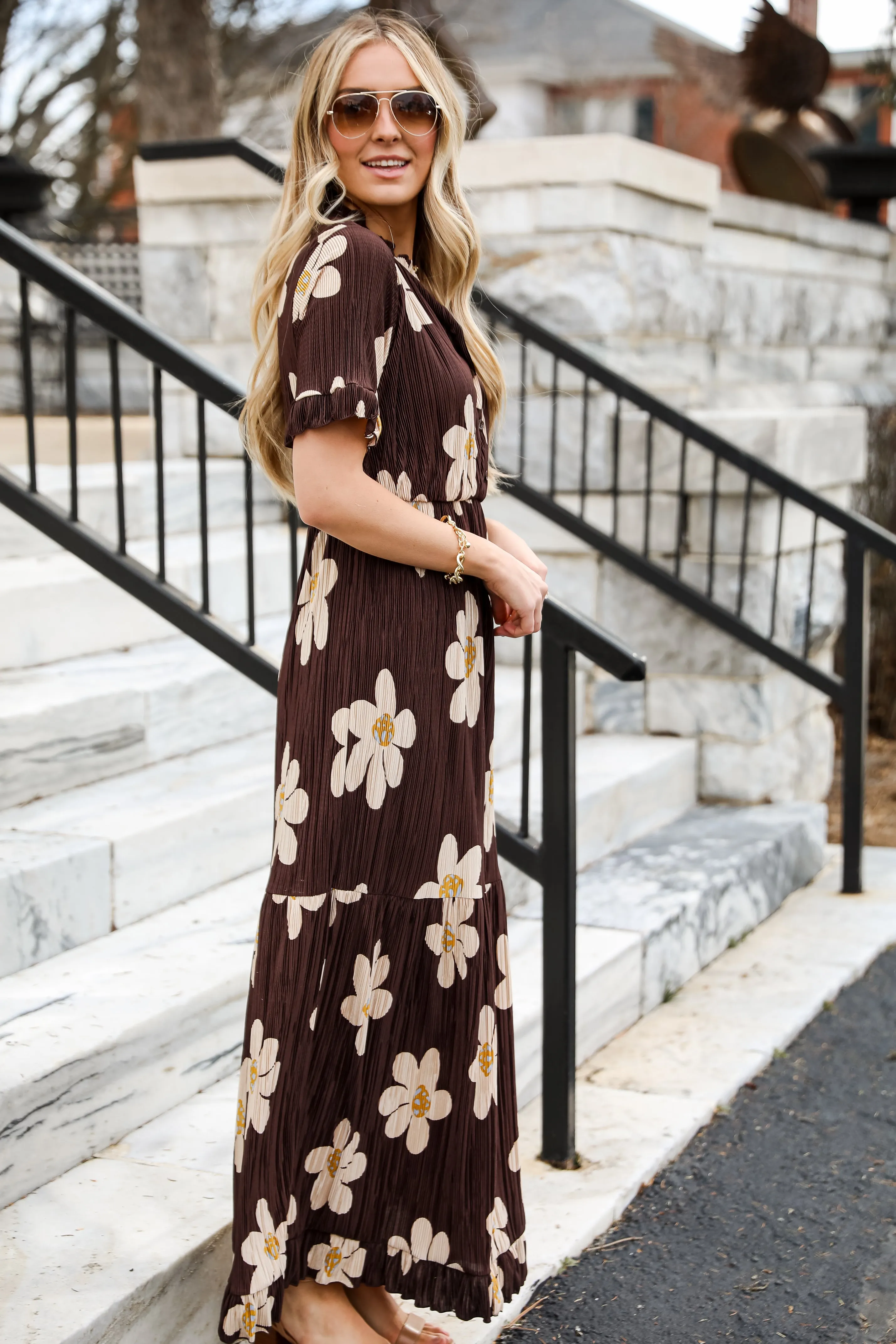 FINAL SALE - Exceptional Sweetness Brown Plisse Floral Maxi Dress