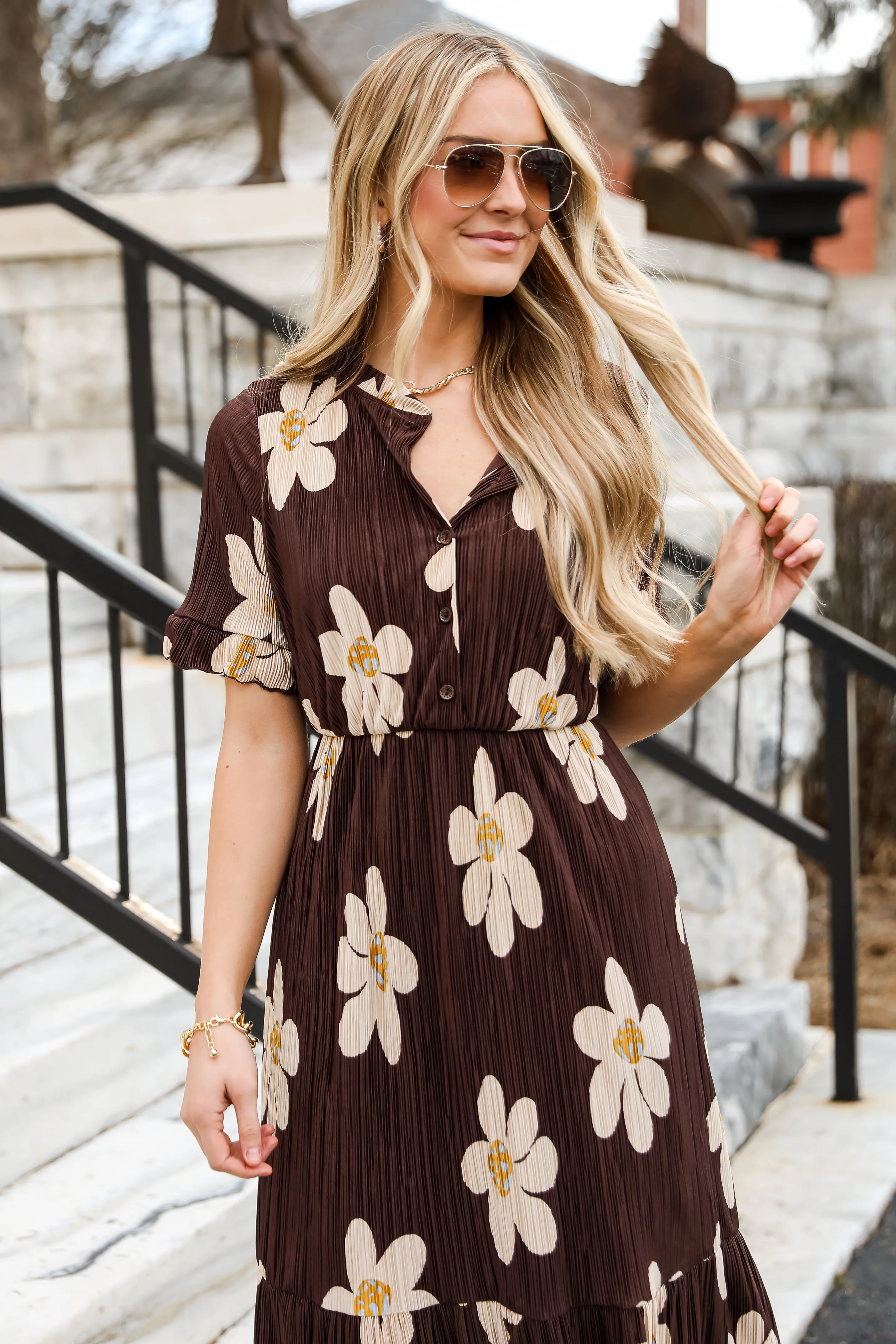 FINAL SALE - Exceptional Sweetness Brown Plisse Floral Maxi Dress
