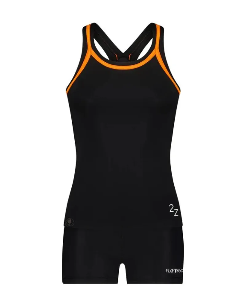 Flamingo Black Orange Trim 2 Piece Teen's Bathing Suit Tank with Shorts