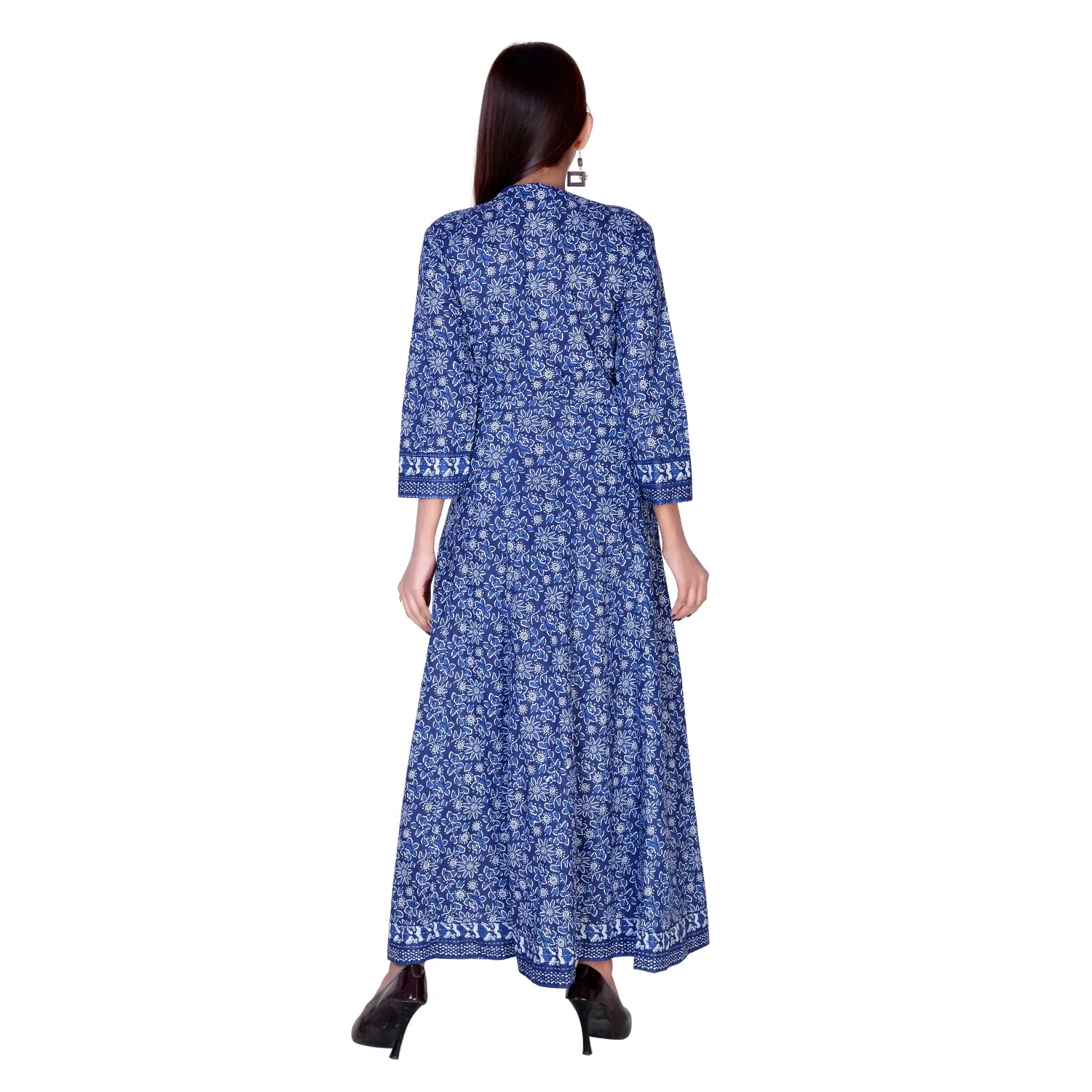 Floor Length Cotton Flared Blue Floral