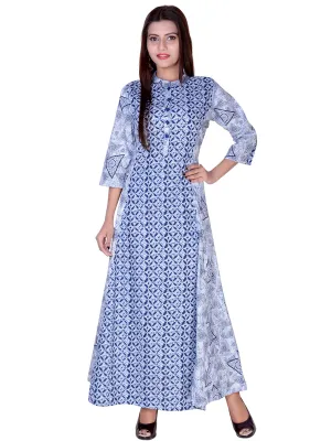 Floor Length Cotton Flared Kurti Blue Flower