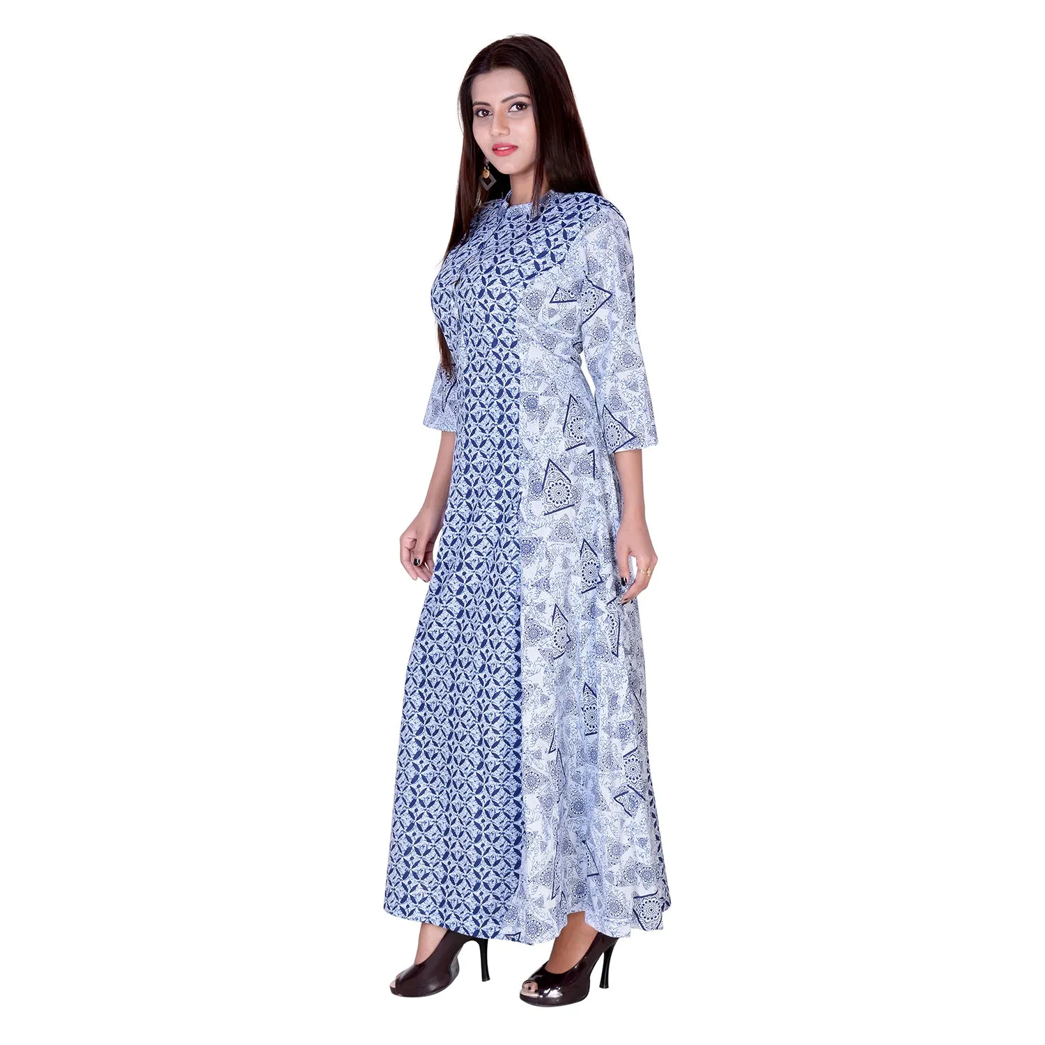Floor Length Cotton Flared Kurti Blue Flower