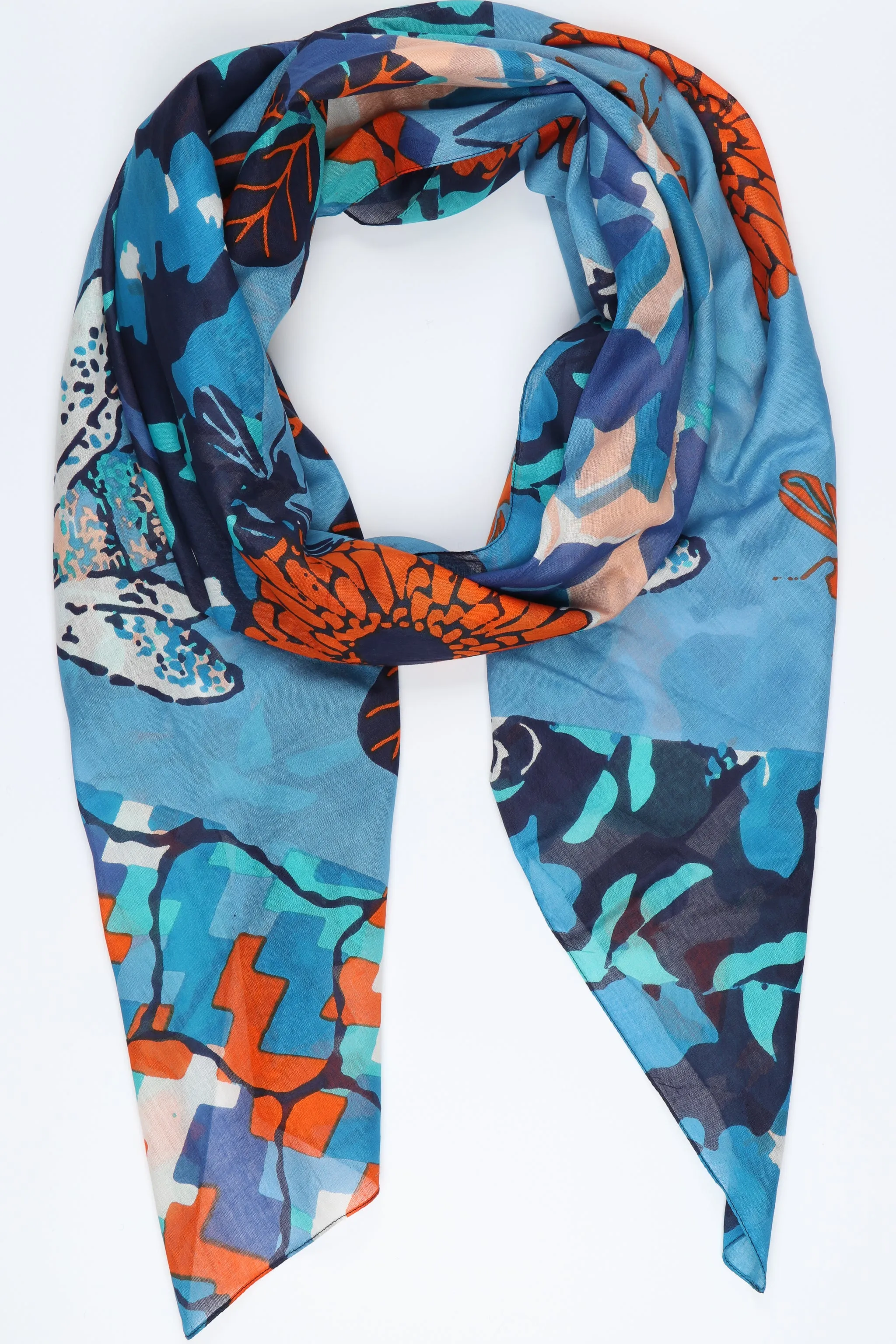Floral and Bee Tile Print Cotton Scarf in Blue