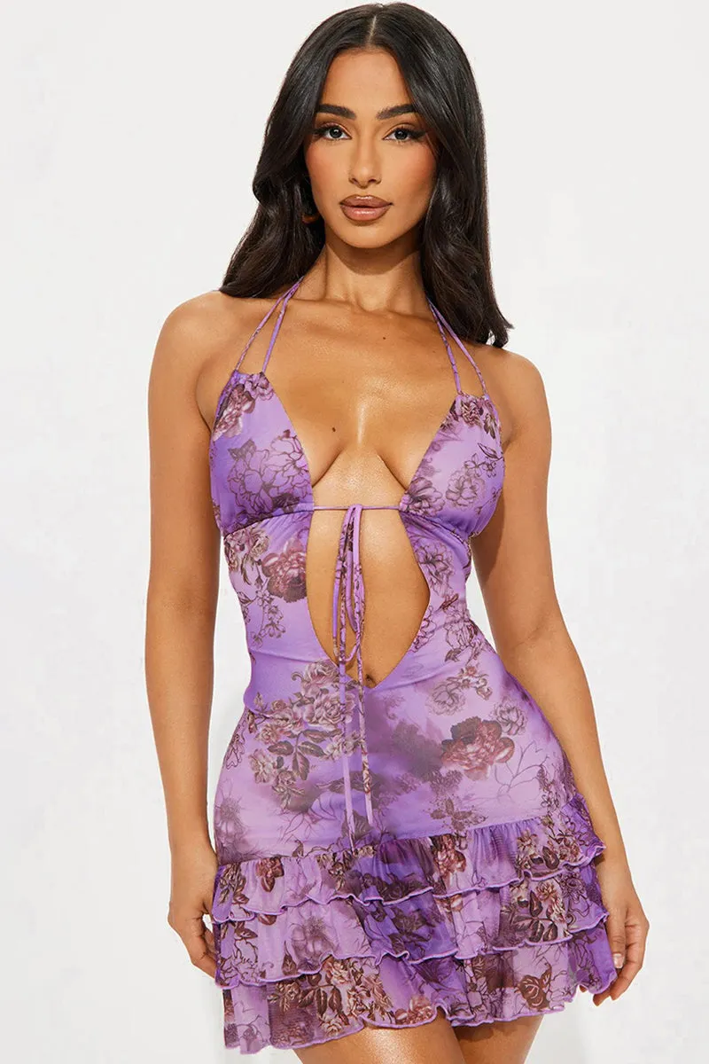 Floral Halter Ruffle Trim Backless Mini Dress