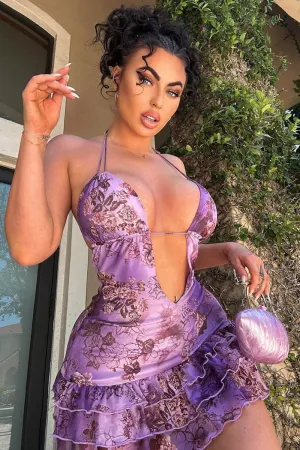 Floral Halter Ruffle Trim Backless Mini Dress