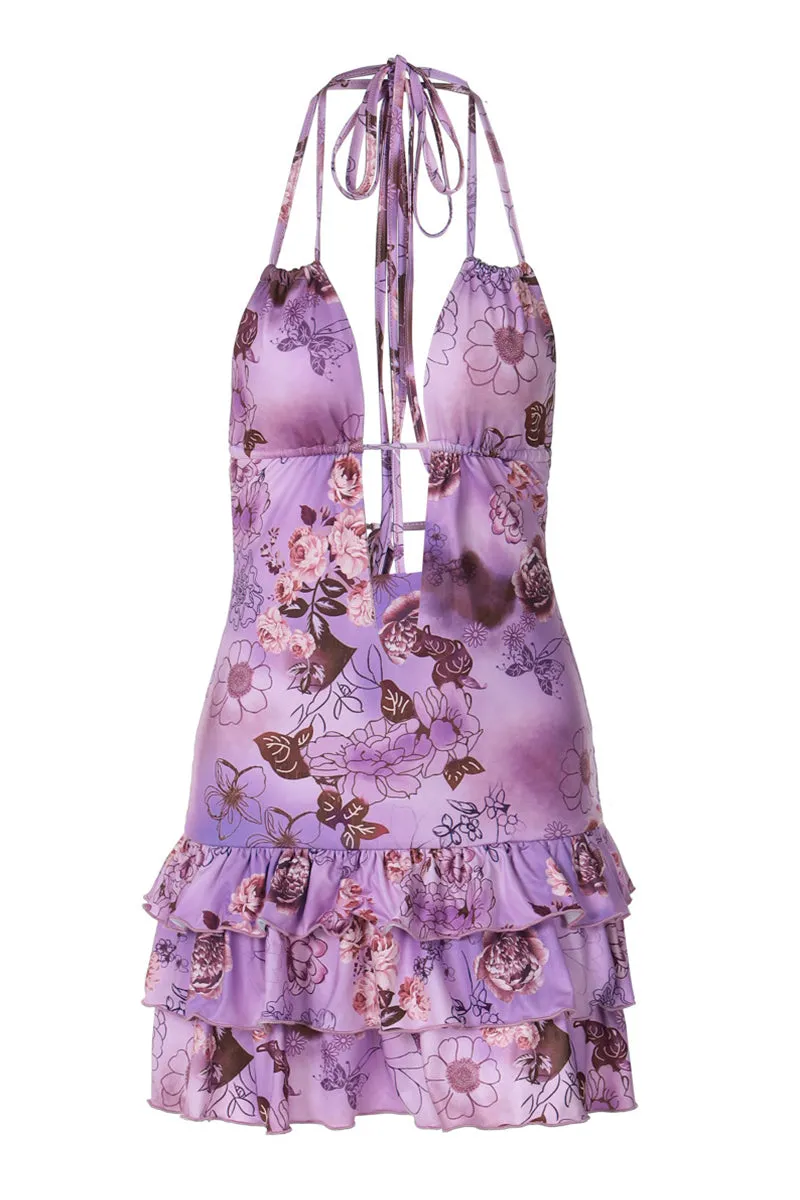Floral Halter Ruffle Trim Backless Mini Dress