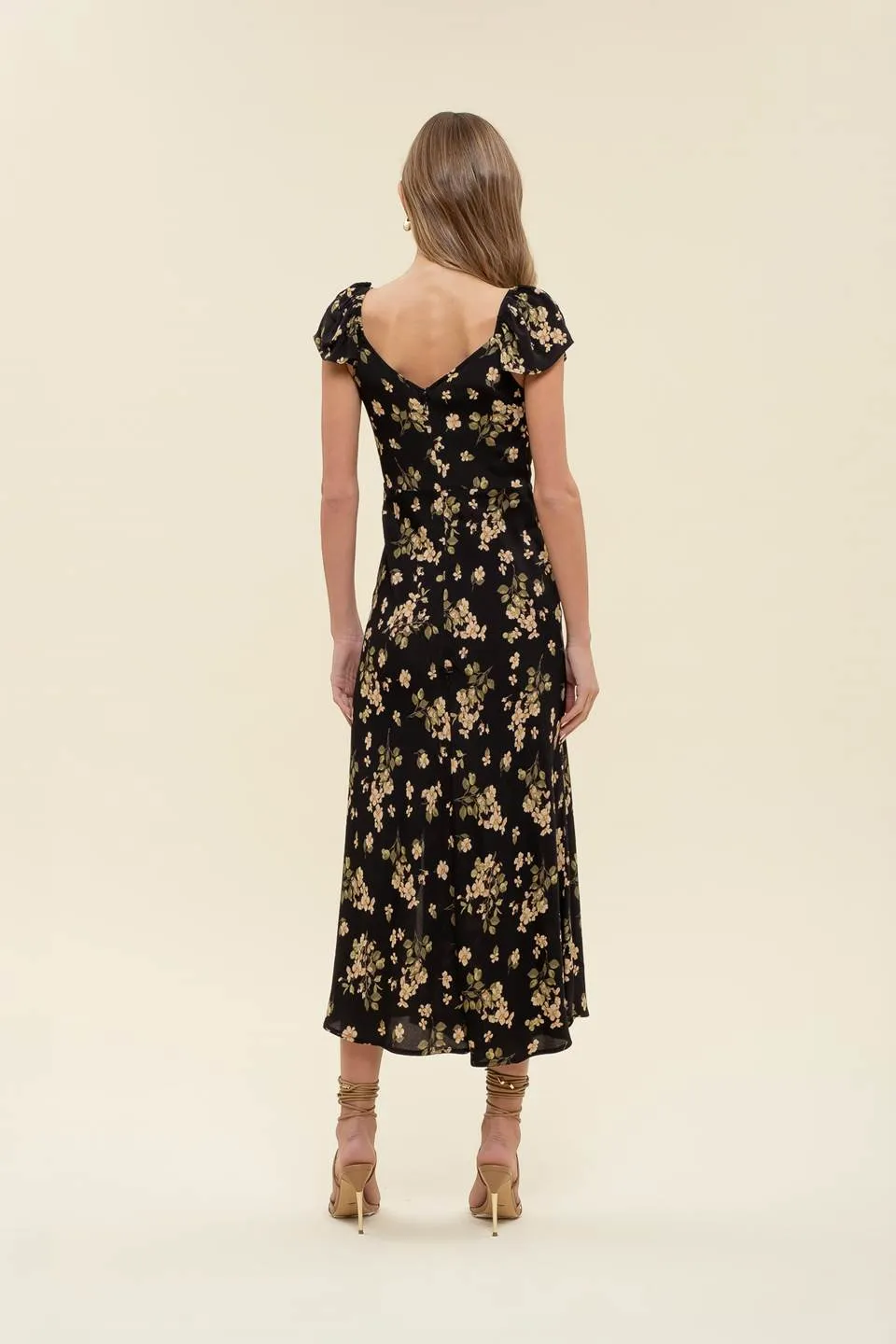 FLORAL V NECK RUFFLE SLEEVE SIDE SLIT MIDI DRESS