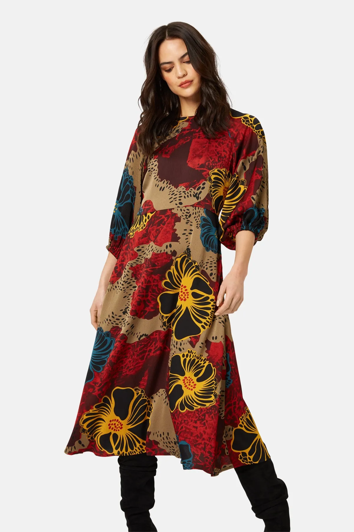 Flower Dress - Red/ Taupe