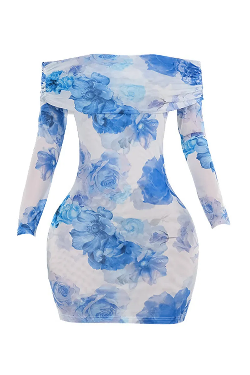 Flower Off Shoulder Long Sleeve Bodycon Mini Dress