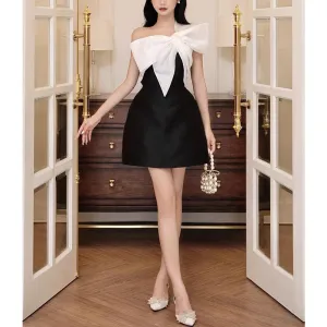 Flytonnshop avant garde dress to impress Niche Design Contrast Color Slim Dress for Women 2024 New High-Grade Three-Dimensional Bow Collar Dress