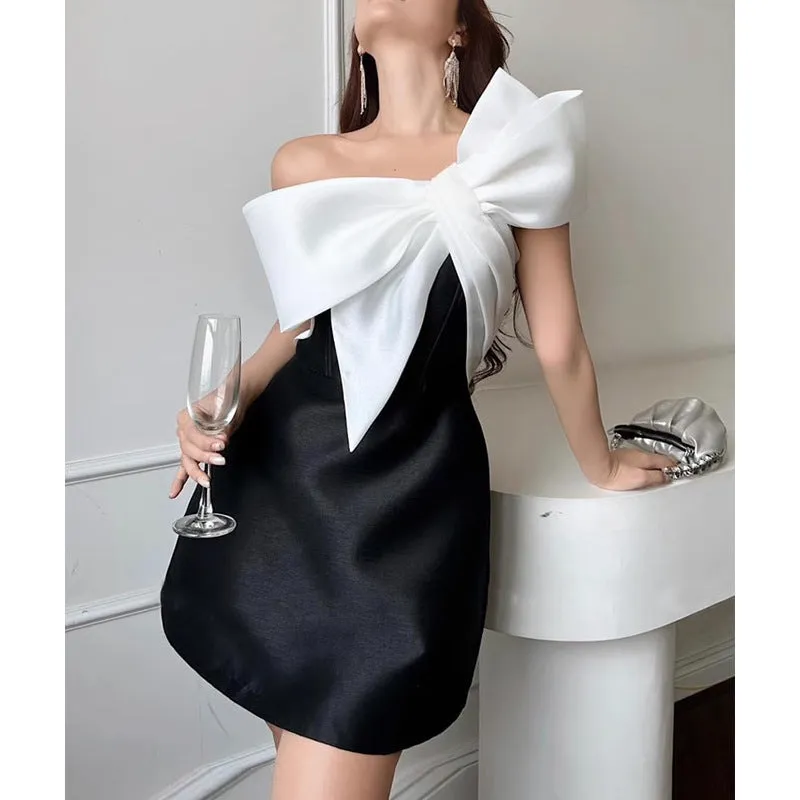Flytonnshop avant garde dress to impress Niche Design Contrast Color Slim Dress for Women 2024 New High-Grade Three-Dimensional Bow Collar Dress