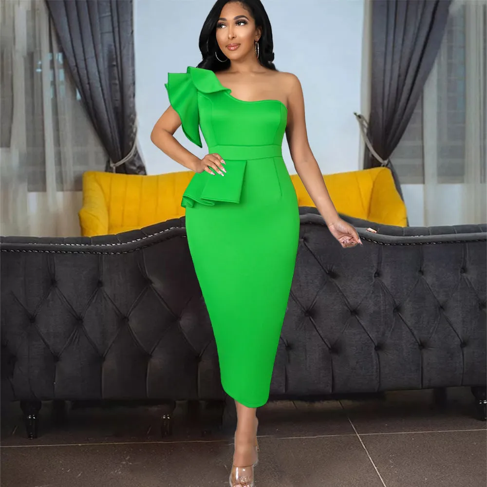 Flytonnshop avant garde dress to impress Personalized Slant Collar Ruffled Hip Skirt Elegant Back Slit One Shoulder Dress off Shoulder Dress