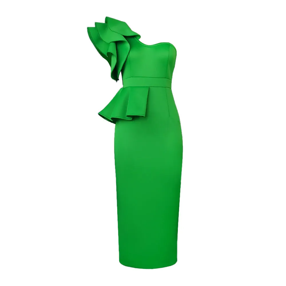 Flytonnshop avant garde dress to impress Personalized Slant Collar Ruffled Hip Skirt Elegant Back Slit One Shoulder Dress off Shoulder Dress