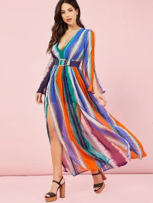 Front Slit Colorblock Belted Waist Maxi Dress