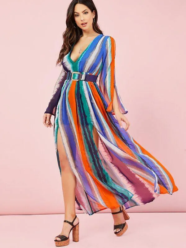 Front Slit Colorblock Belted Waist Maxi Dress