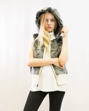 Fuax Fur Short Gilet with removeable hoody (Grey)
