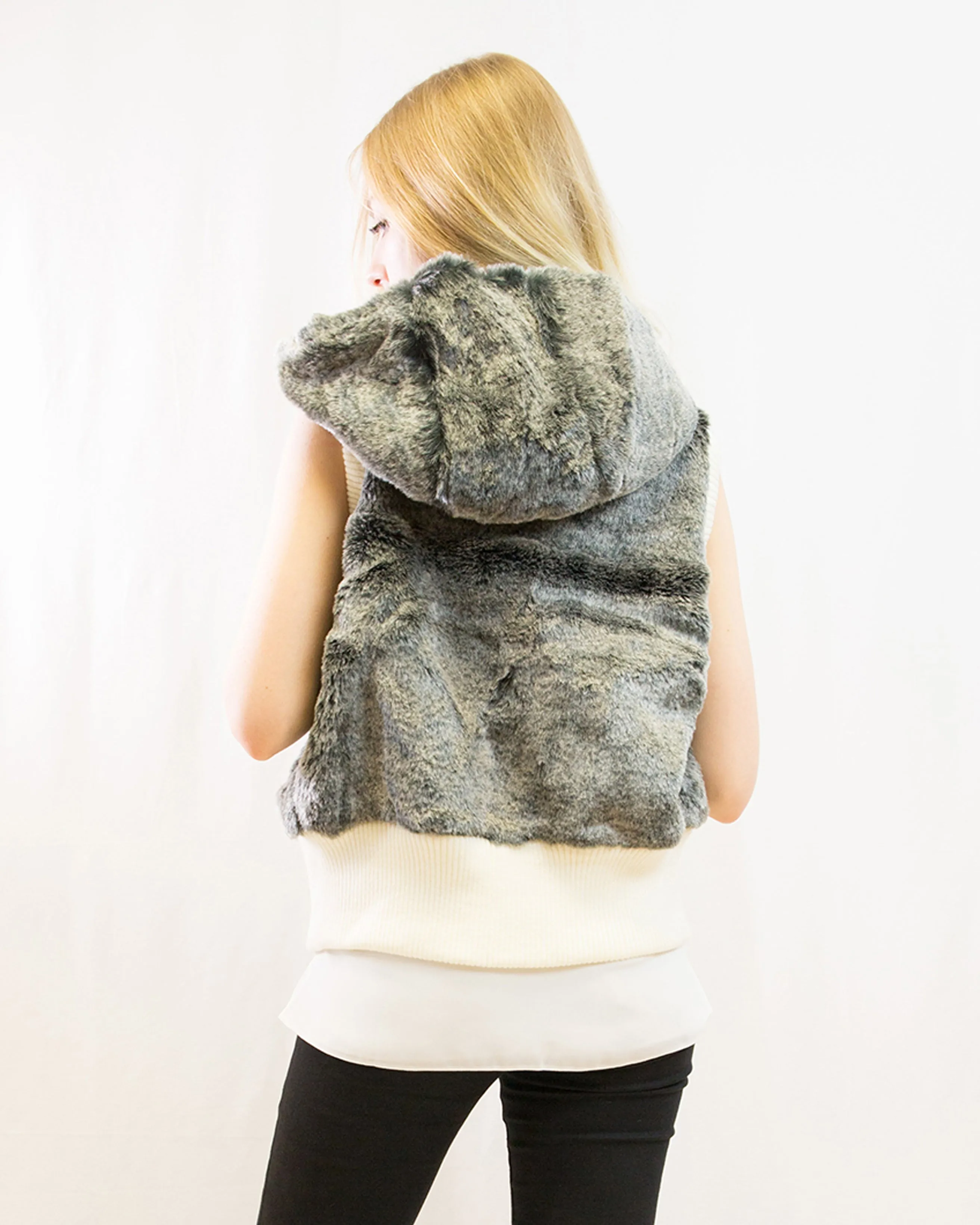 Fuax Fur Short Gilet with removeable hoody (Grey)