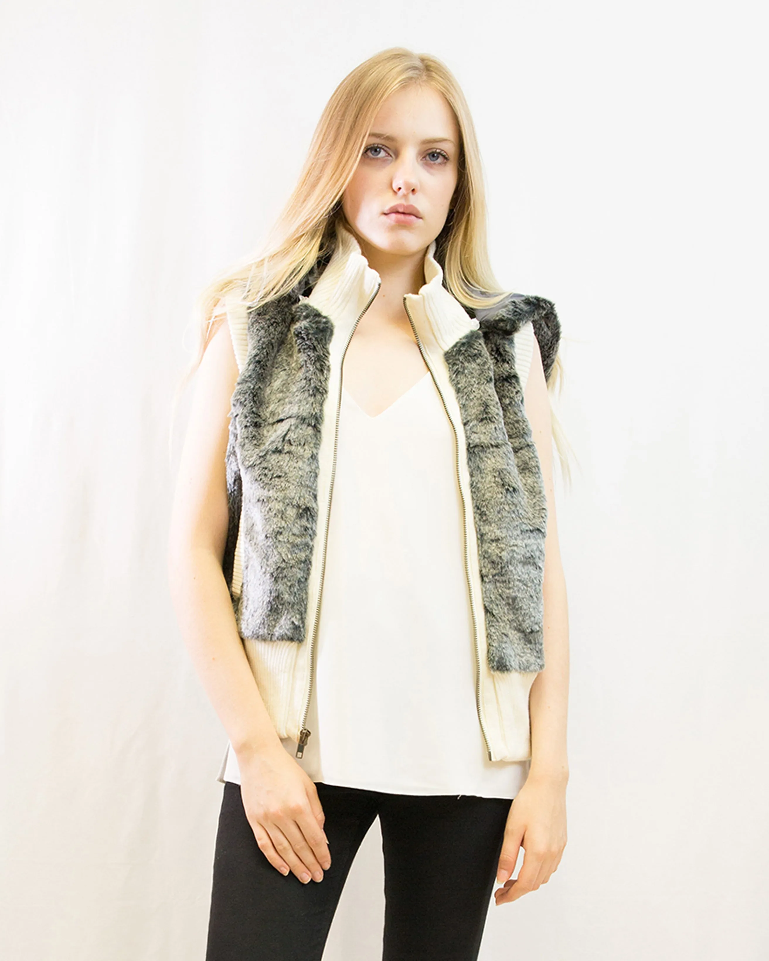 Fuax Fur Short Gilet with removeable hoody (Grey)