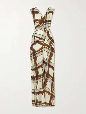 Gathered checked crepe maxi dress
