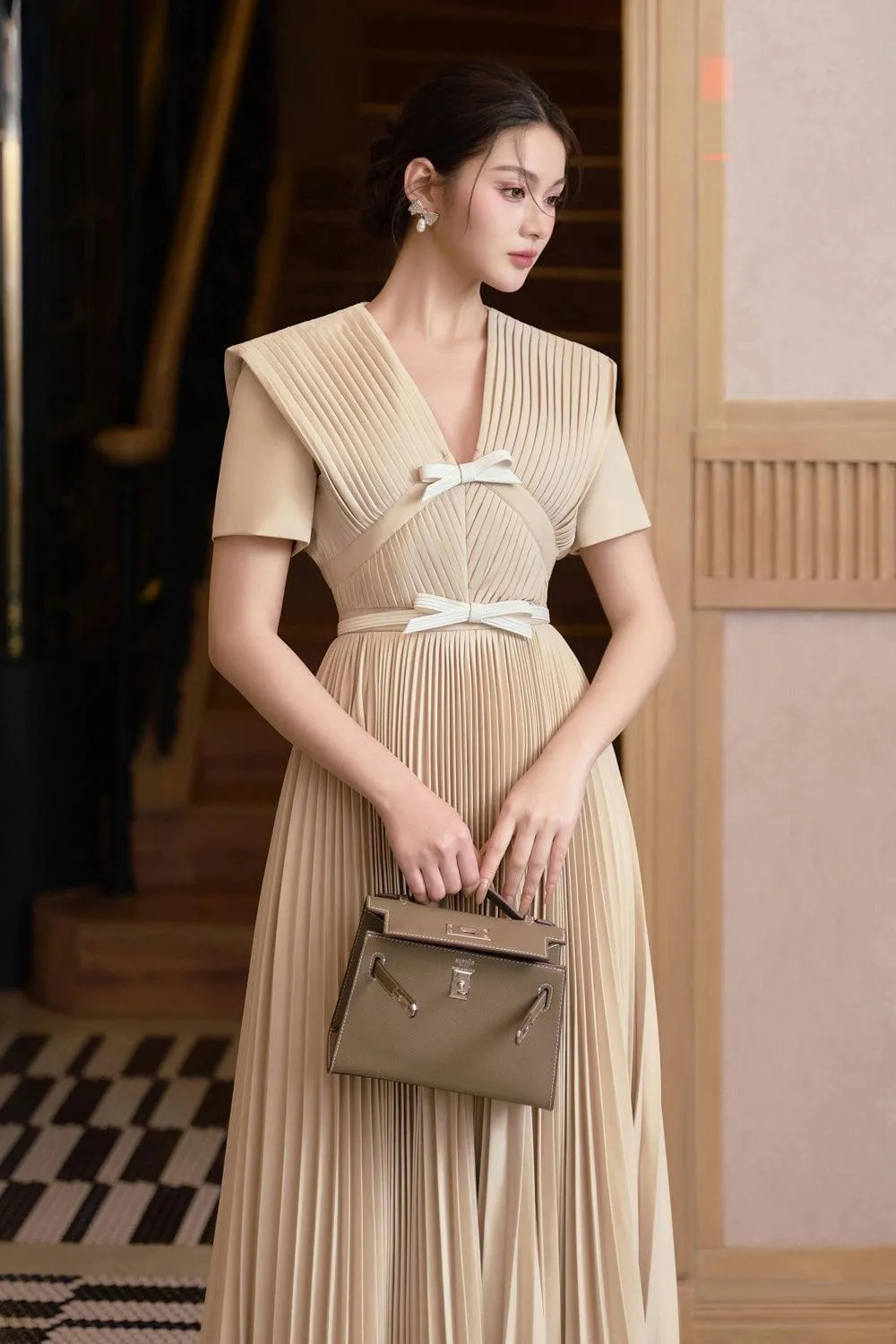 Giny Pleated Short Sleeved Linen Cotton Ankle Length Dress