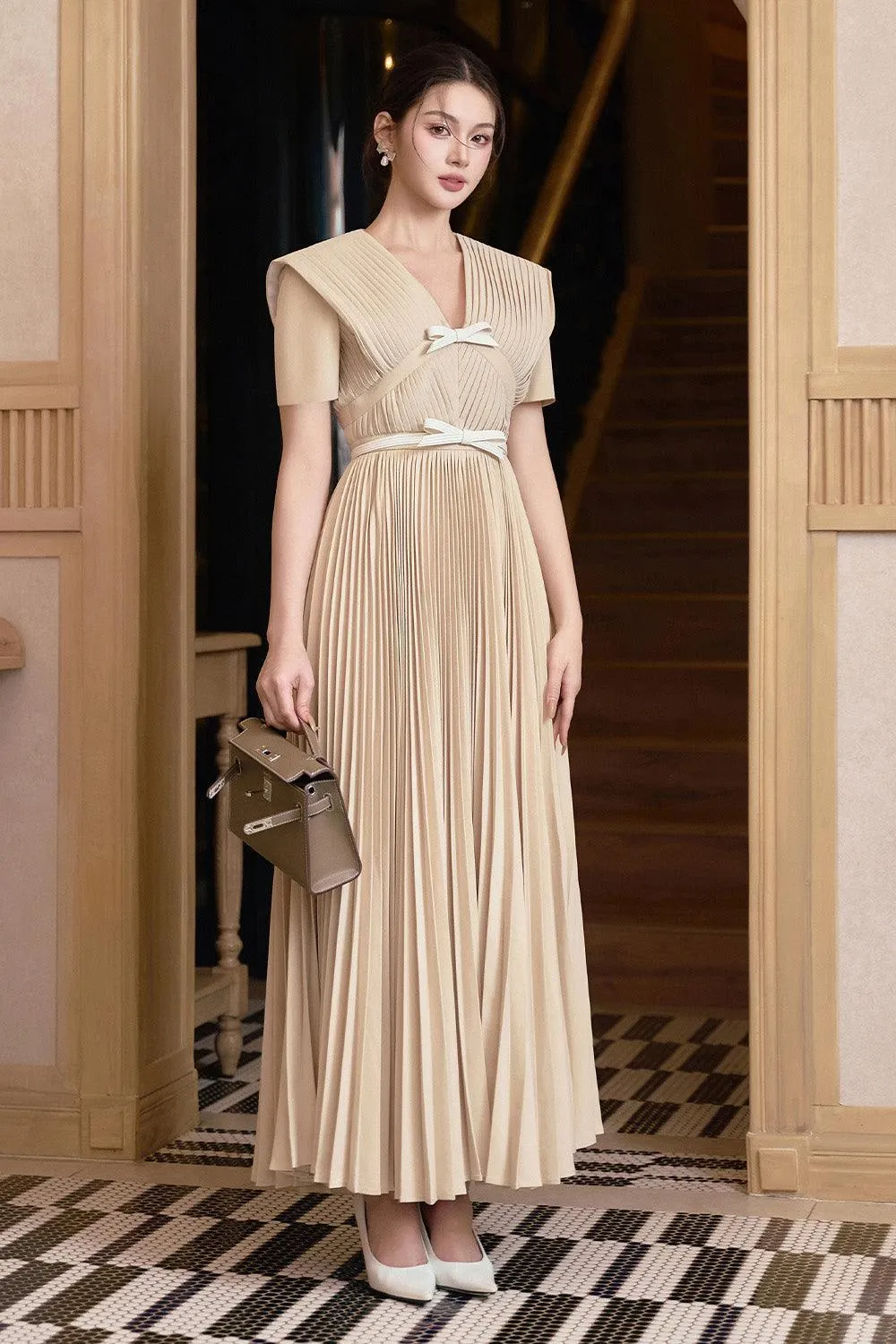 Giny Pleated Short Sleeved Linen Cotton Ankle Length Dress