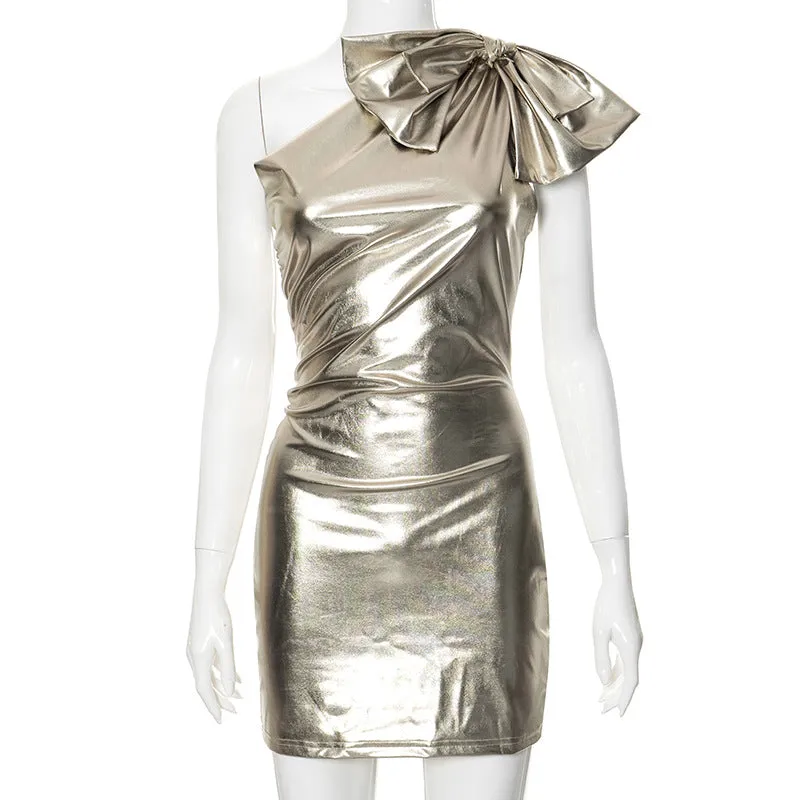 Girlary-shop avant garde dress to impress 2024 New Women's Fashion Sexy Bow Shoulder Metallic Tight Dress
