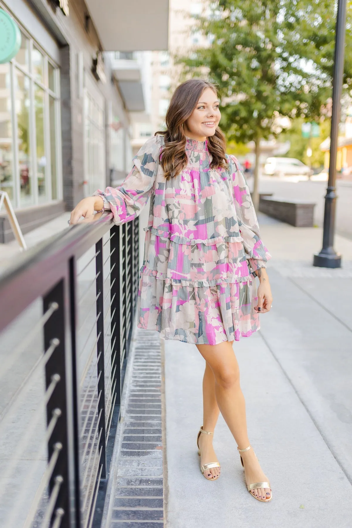 Glitter Dot Smocked Neck Tiered Dress