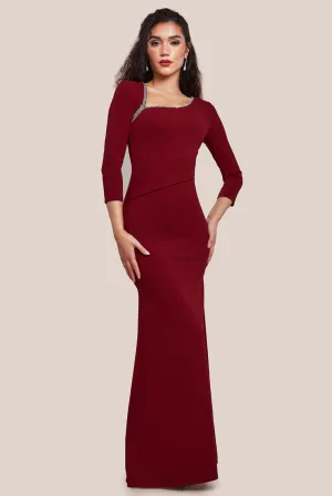 Goddiva Asymmetric Neck Diamante Embellished Maxi Dress - Wine