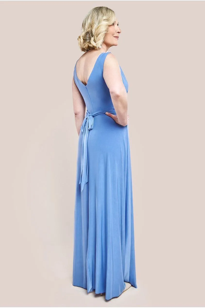 Goddiva Diamante & Scalloped Lace Neck Maxi Dress - Corn Flower Blue