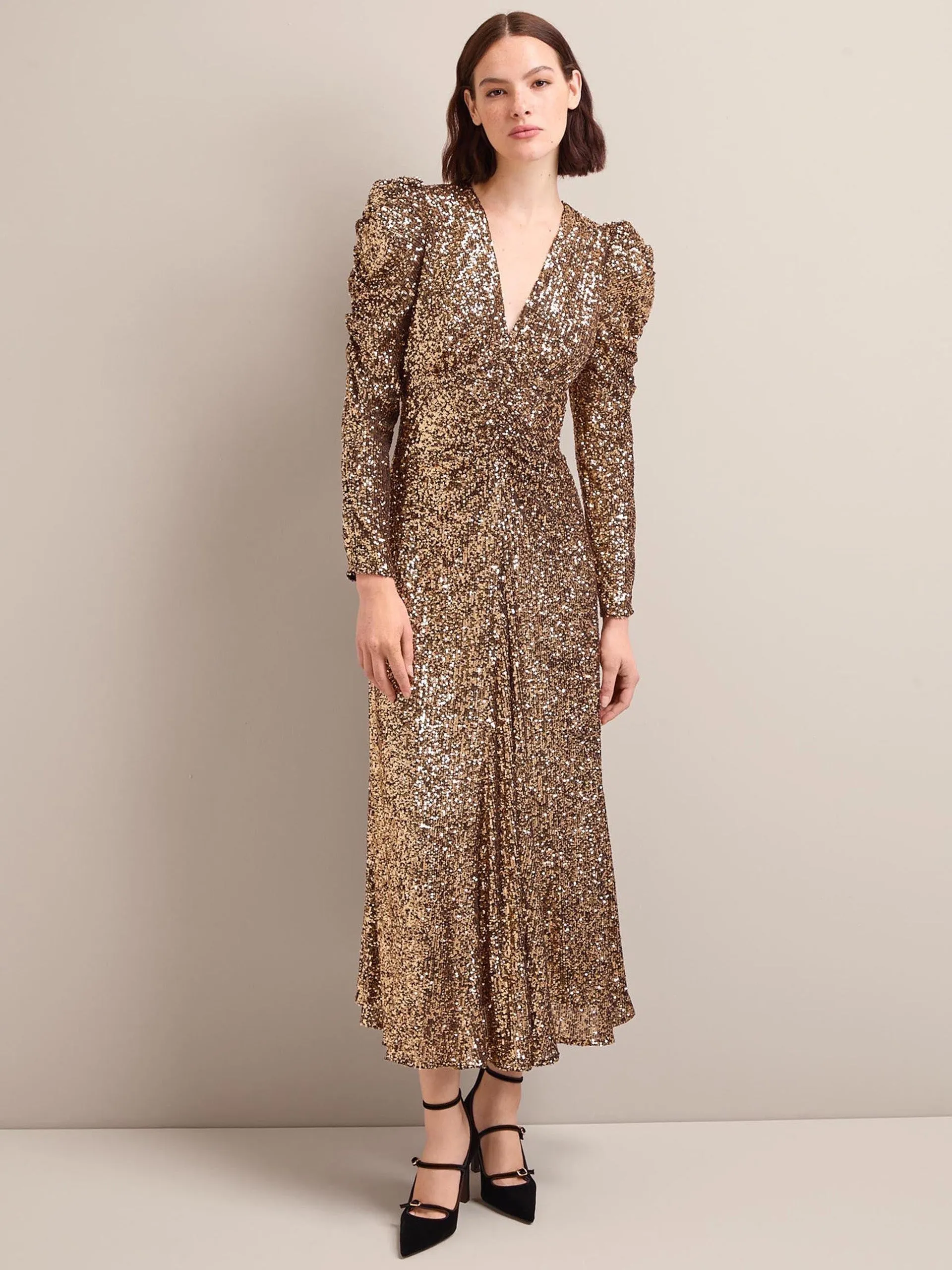 Gold Ophelia bias cut sequin maxi dress