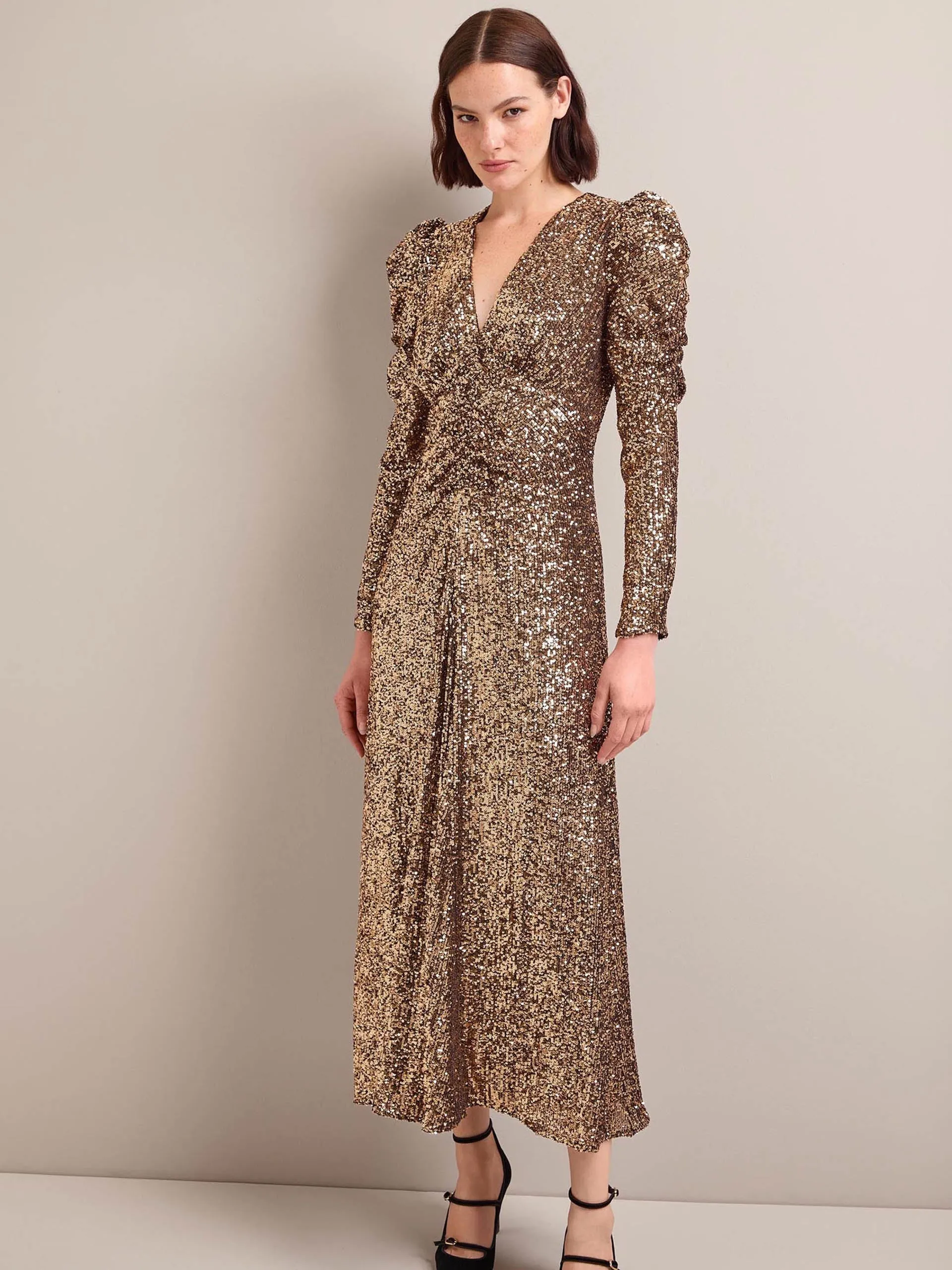 Gold Ophelia bias cut sequin maxi dress