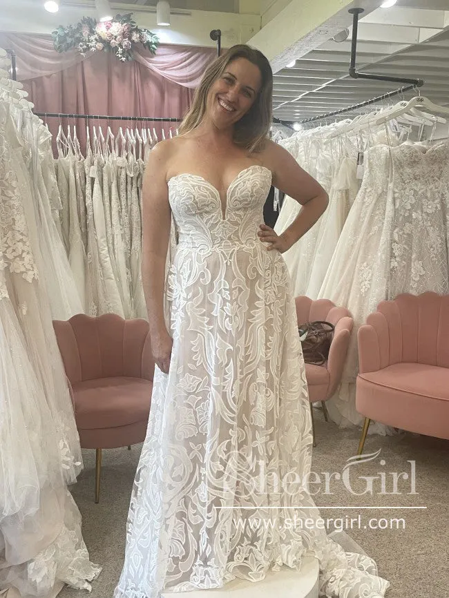 Gorgeous Floral Embroidery Lace Wedding Gown Strapless A Line Boho Wedding Dress AWD2033