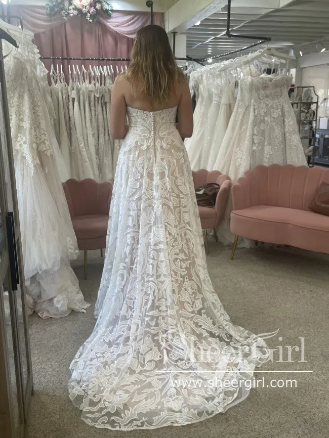 Gorgeous Floral Embroidery Lace Wedding Gown Strapless A Line Boho Wedding Dress AWD2033