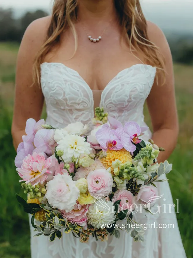 Gorgeous Floral Embroidery Lace Wedding Gown Strapless A Line Boho Wedding Dress AWD2033