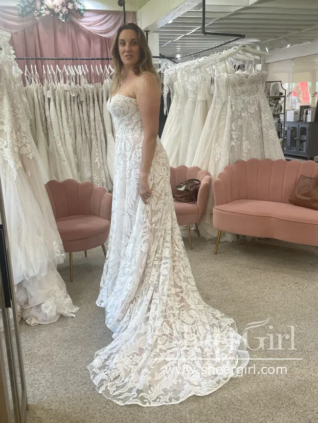 Gorgeous Floral Embroidery Lace Wedding Gown Strapless A Line Boho Wedding Dress AWD2033