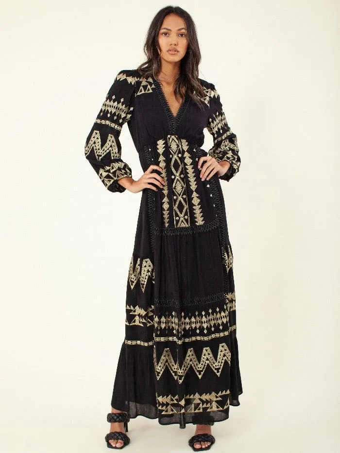 Hale Bob T Black and Gold Embroidered Fallin Maxi Dress 26RM6313
