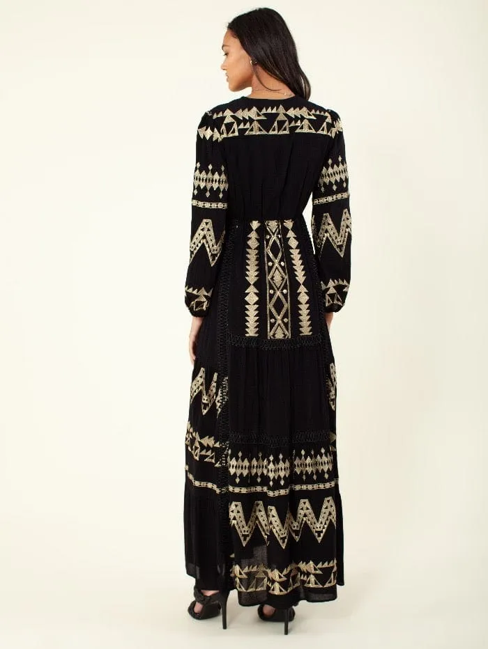Hale Bob T Black and Gold Embroidered Fallin Maxi Dress 26RM6313